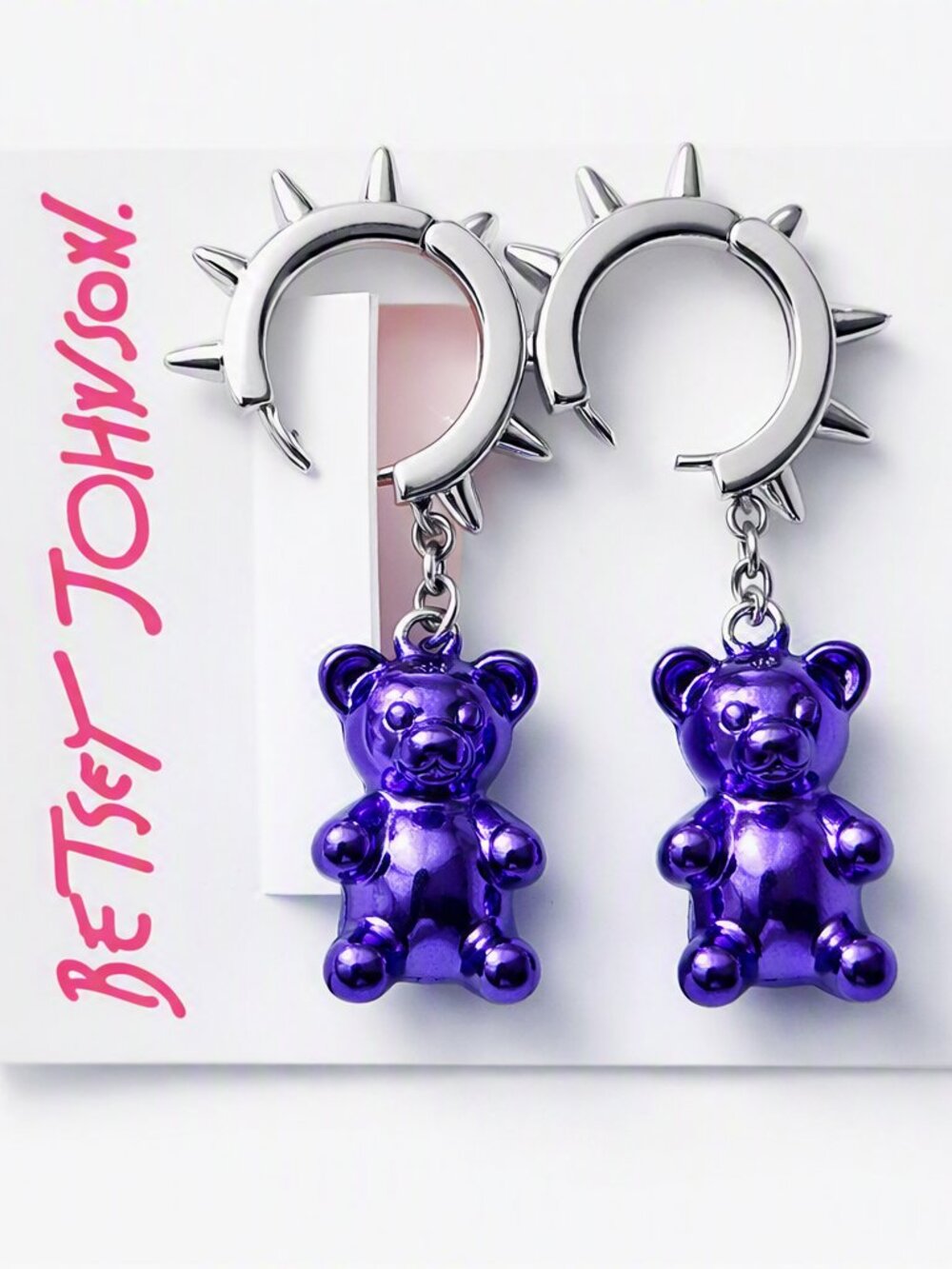 Betsey Johnson Spiked Hoop Earrings with Purple Teddy Bear Charms